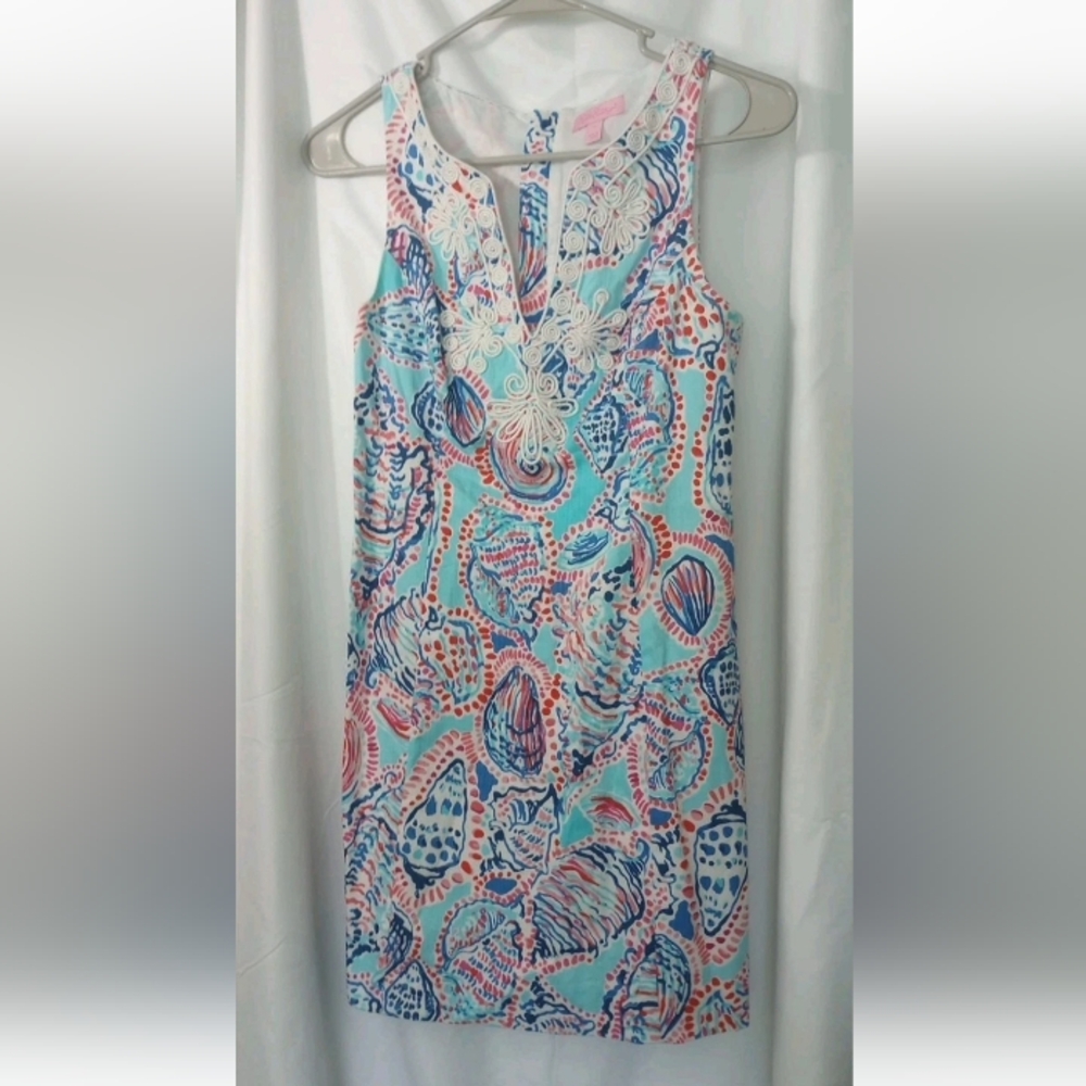 Lilly Pulitzer Dress Sleeveless Blue And Red Shell Print Embroidered